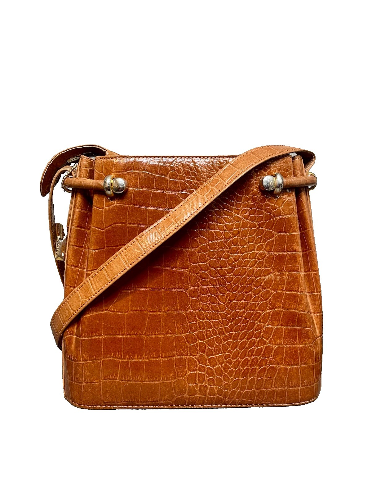 Bally Vintage Croc Embossed Structured Crossbody Shoulder Bag Made In Italy