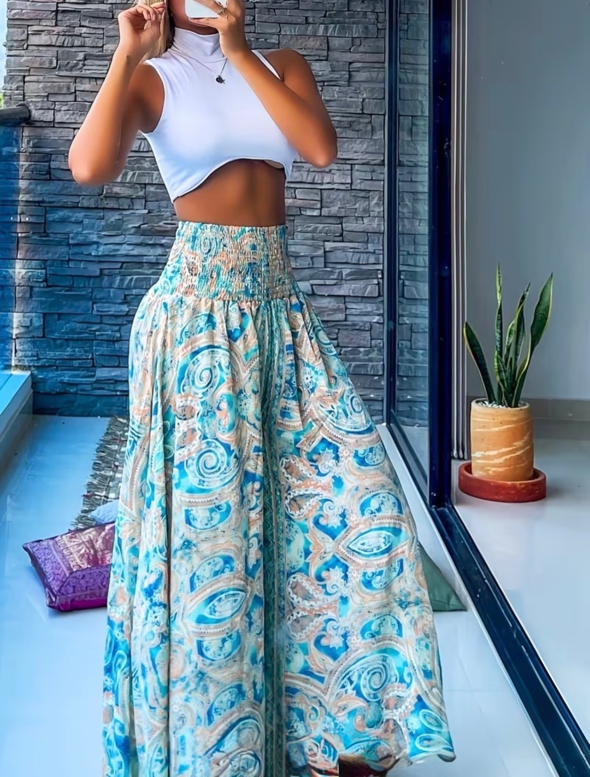 Women Printed Summer Wide Leg Bohemian Ethnic Palazzo Stretchy Pleated Pants XXL