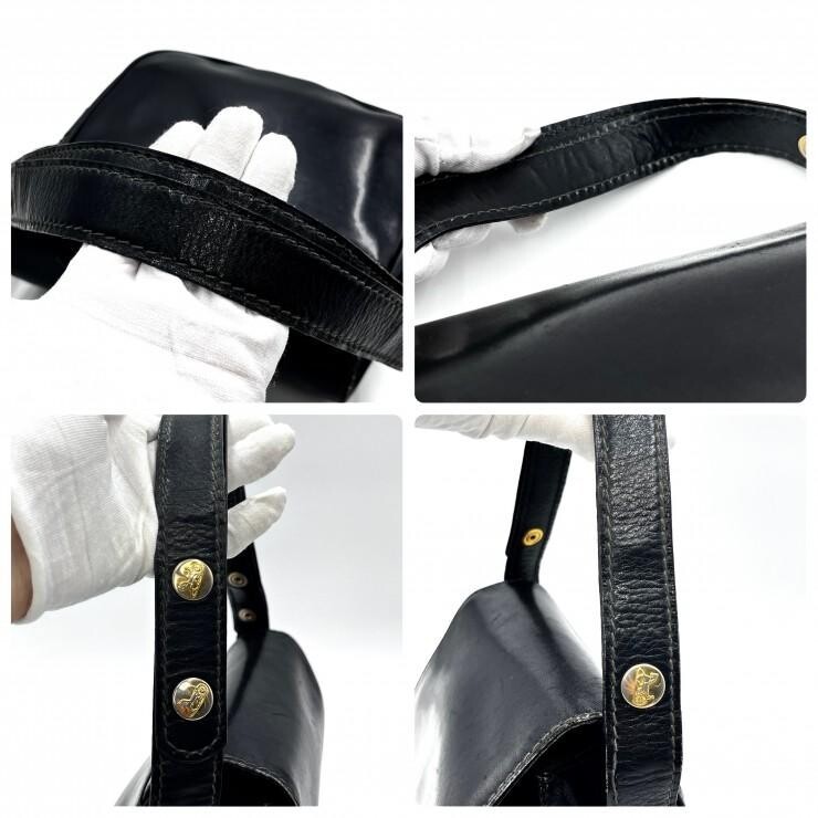 CELINE Vintage Horse Carriage Black Leather Shoulder Bag Gold Hardware Women