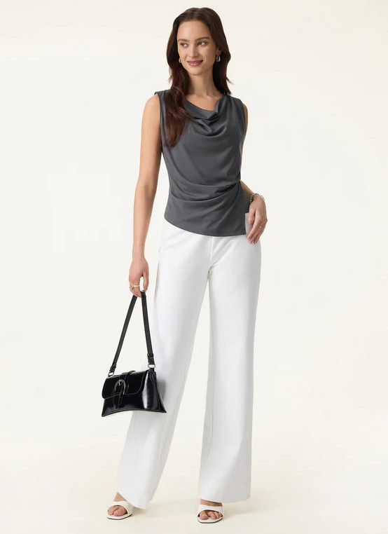 OGL Cowl Neck Asymmetrical Tucked Sleeveless Top, Taro Purple