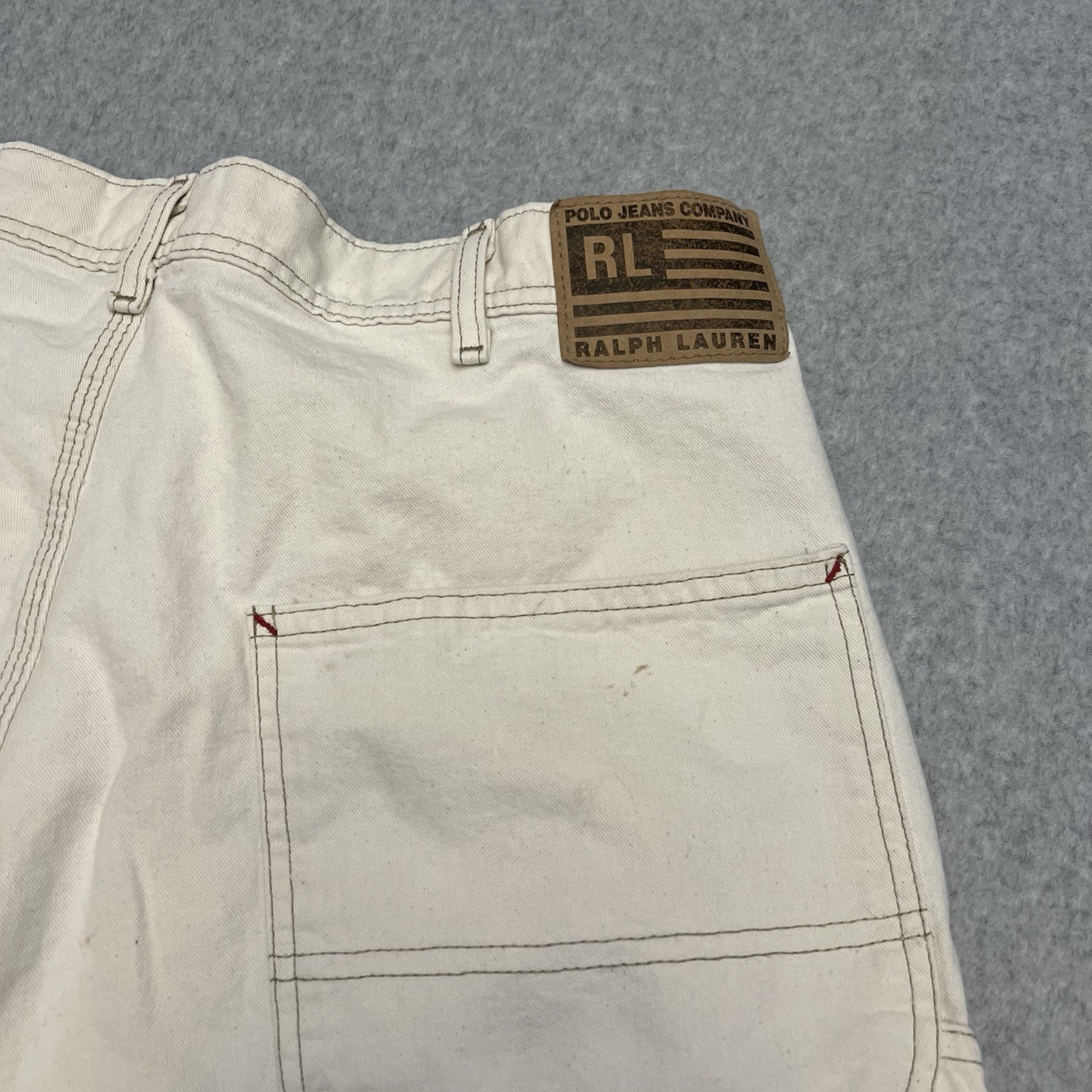 Polo Jeans Shorts Men’s 34 Beige Carpenter Hammer Loop Baggy Wide Leg Flag Logo