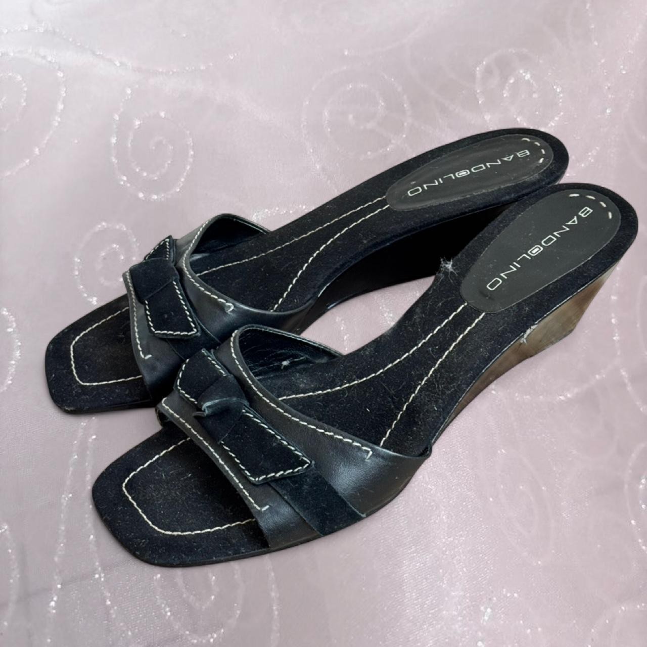 Y2K Black kitten wedge sandals with white stitching and bow details