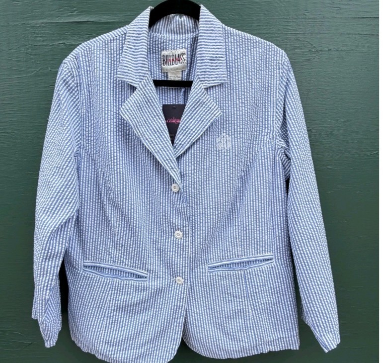 Blue White Stripe Seersucker Blazer Cotton Jacket preppy and Crisp L