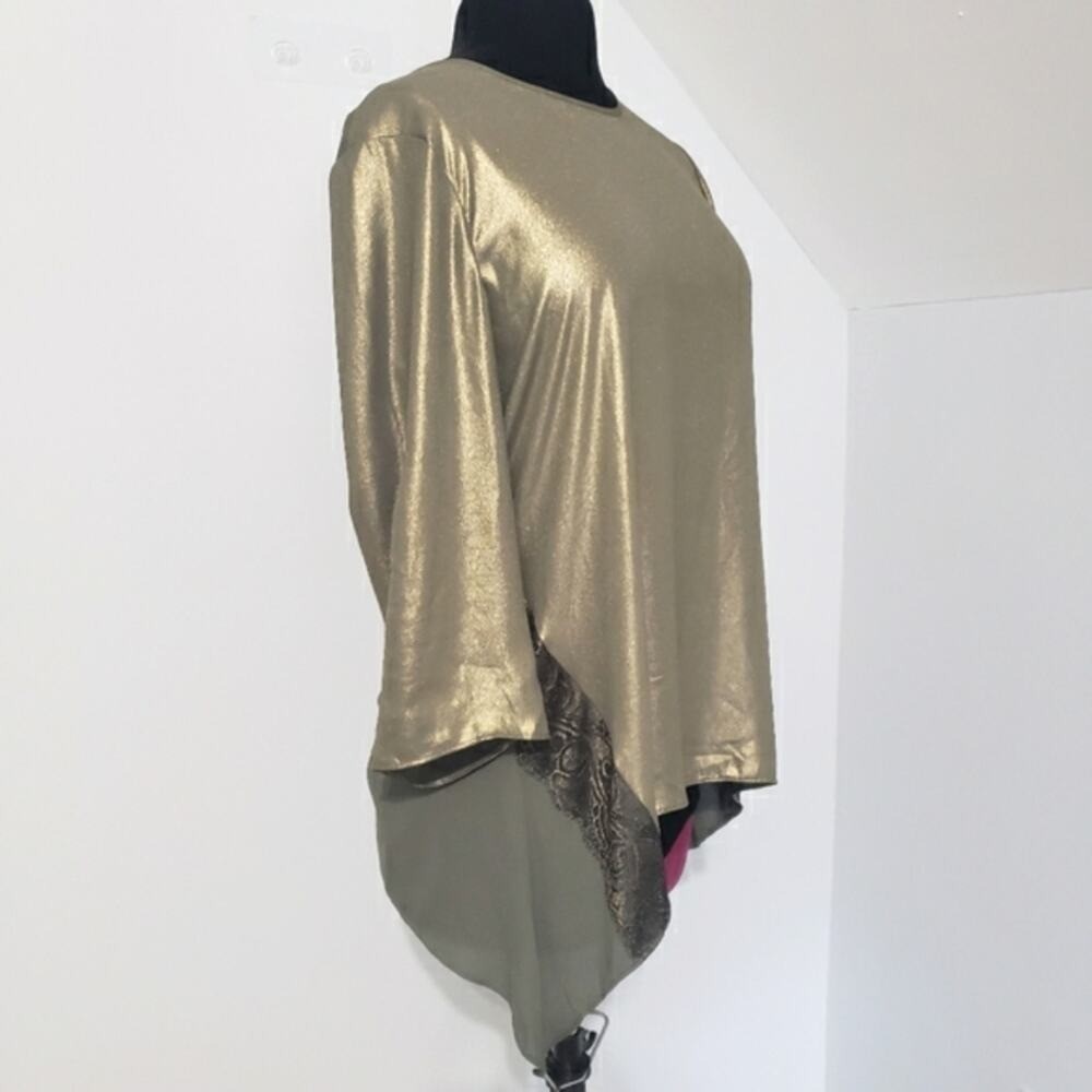 Chico’s Green Gold Metallic Lagenlook Asymmetric Hem Tunic Top Size Medium