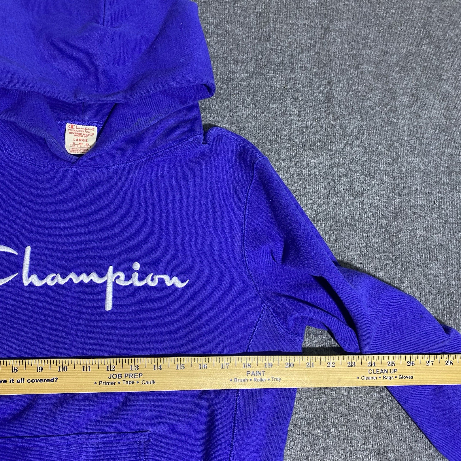Vtg Champion Reverse Weave Large Blue Embroidered Pullover Hoodie Warm Up Script