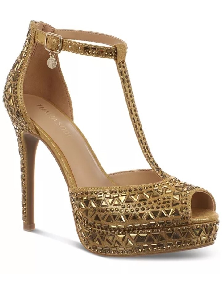Thalia Sodi Women’s Chace Embellished T-Strap Platform Pumps – Color Gold & Red