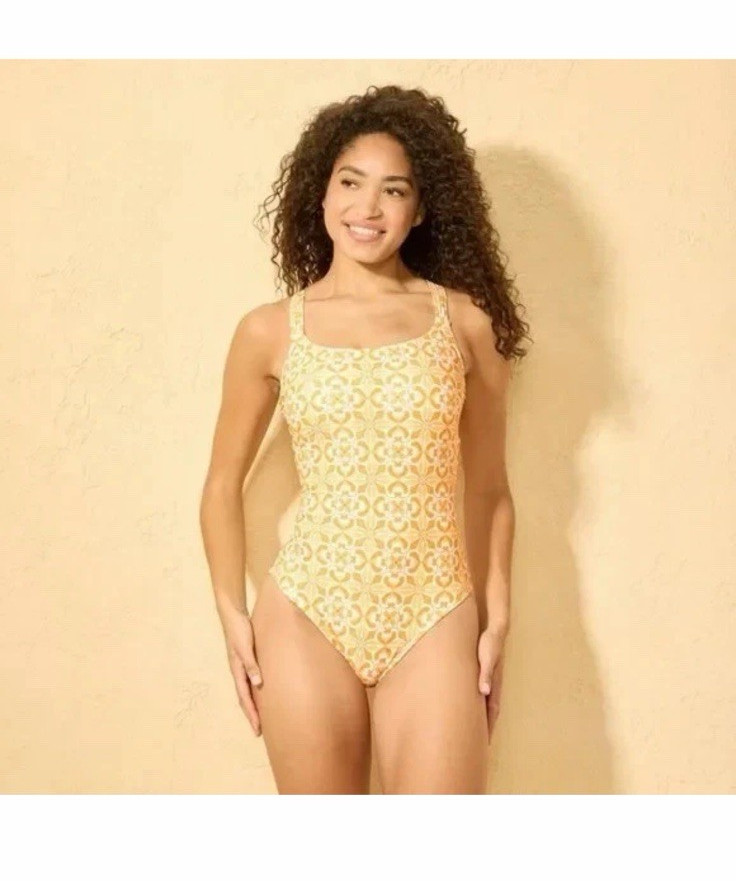 Shade & Shore Women’s Floral One Piece Swimsuit Yellow/White Crossback Lined XL