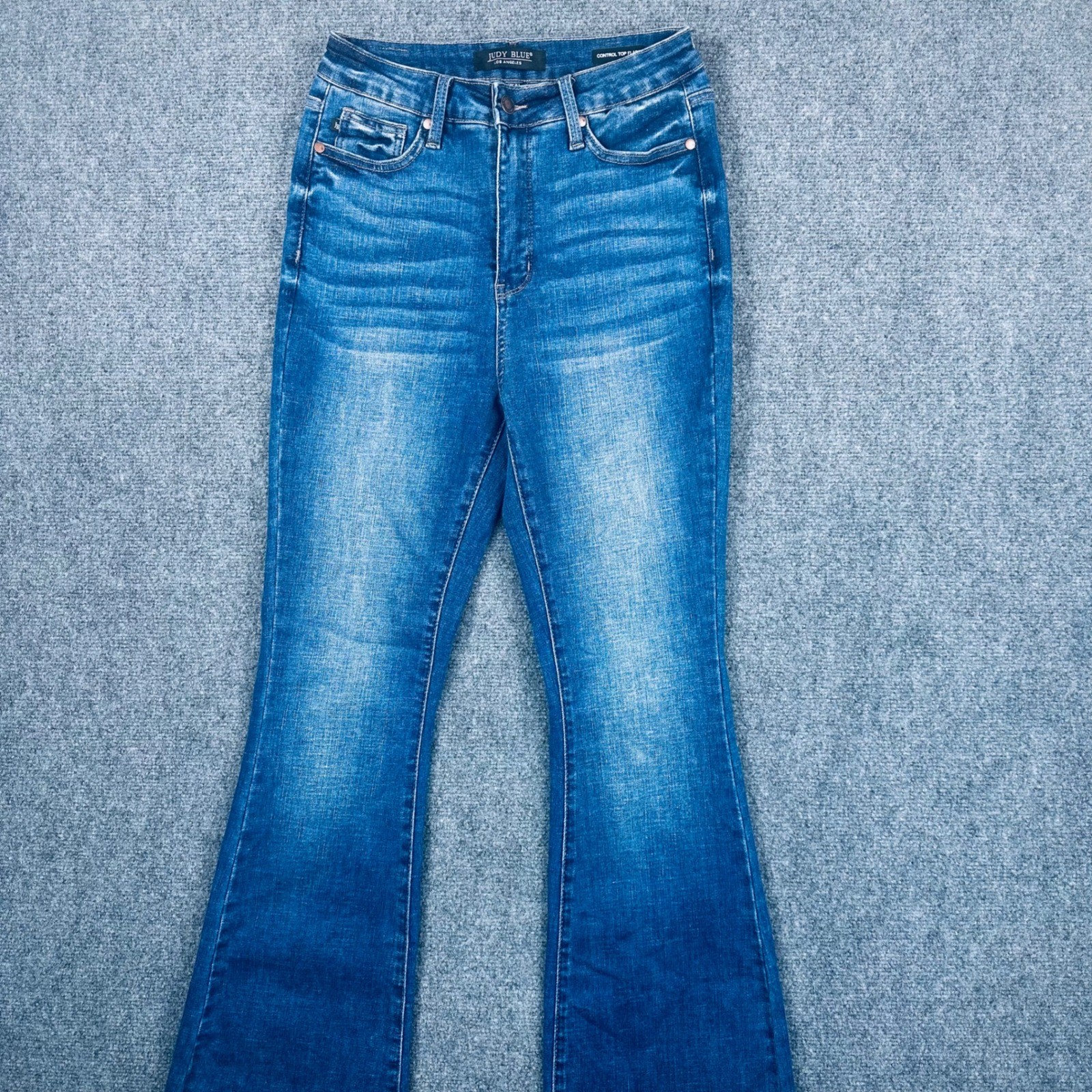 Judy Blue Control Top Flare Jeans Medium Wash Raw Hem Womens 7/28 Stretch Casual