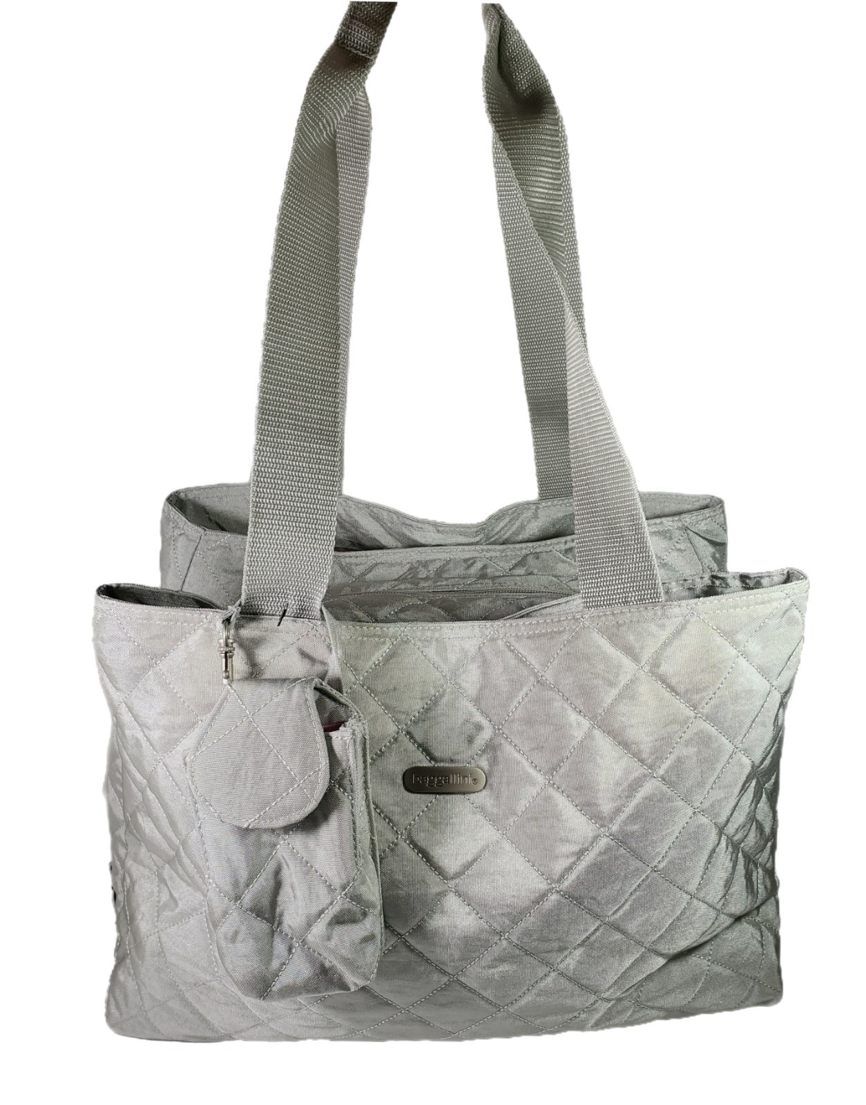 Baggallini Large Quilted Silver & Pink 3 Compartments Tote Travel Bag Purse New