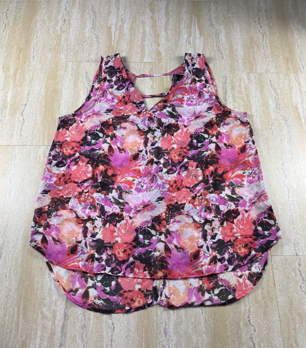 Apollo 3X Tank Top Womens Plus Multicolor Floral Butterfly High Low Sheer Blouse