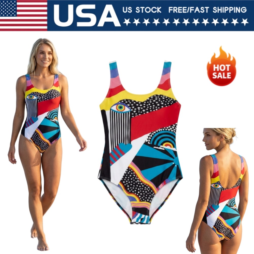 Women Abstract Eye Graphic One Piece Swimsuit Sleeveless U Neck Beach Suit