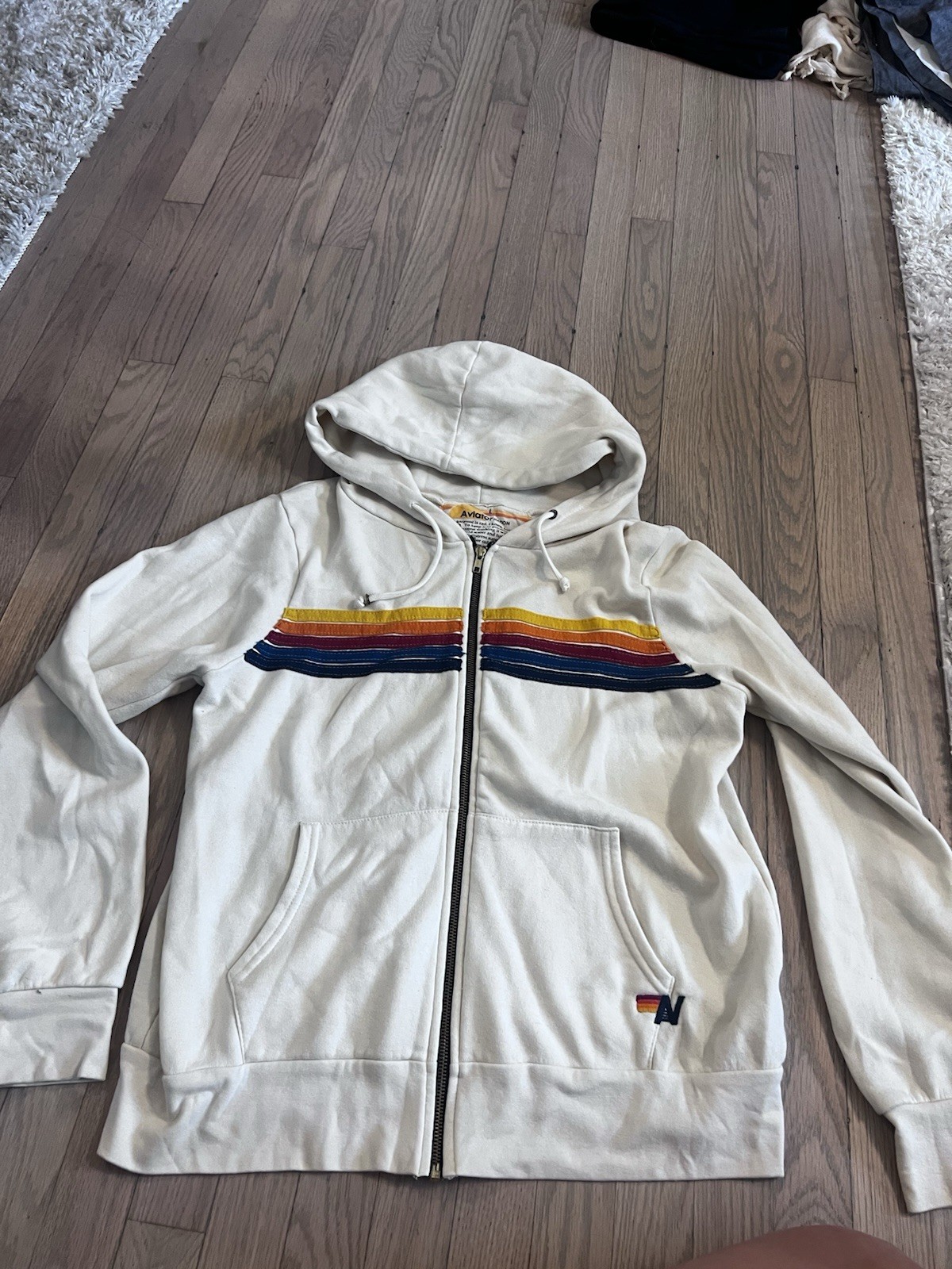 Aviator Nation Rainbow Stripe Full Zip Hoodie Cream White Women’s Large