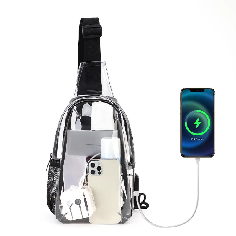 Clear USB Tote Bag PVC Zipper Stadium Approved Shoulder Handbag Purse Chest