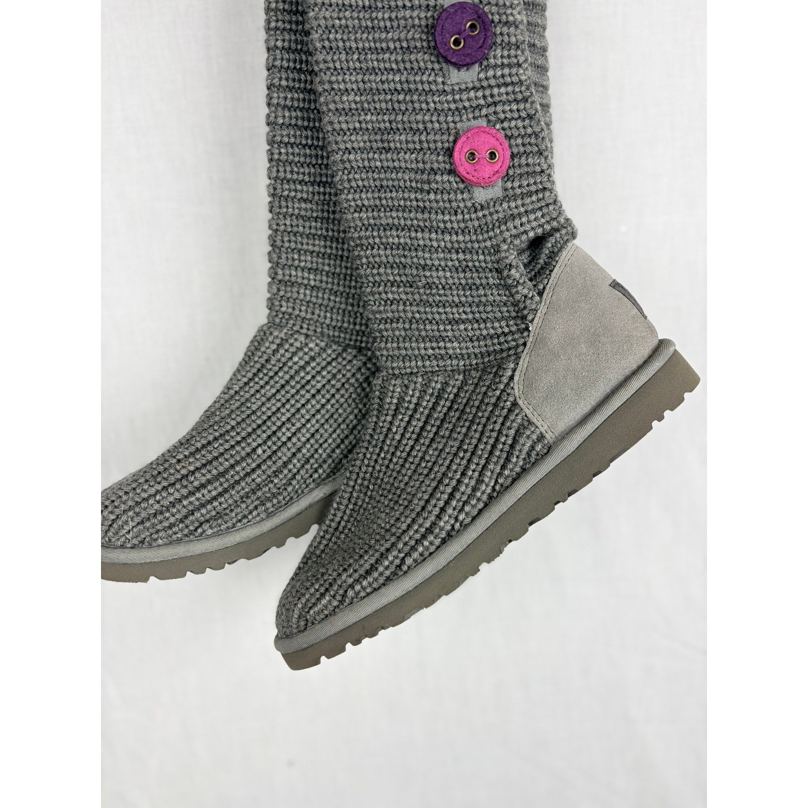 UGG Australia Womens 6 Grey Knit Tall Colorful Buttons Suede Flat Grey Boots