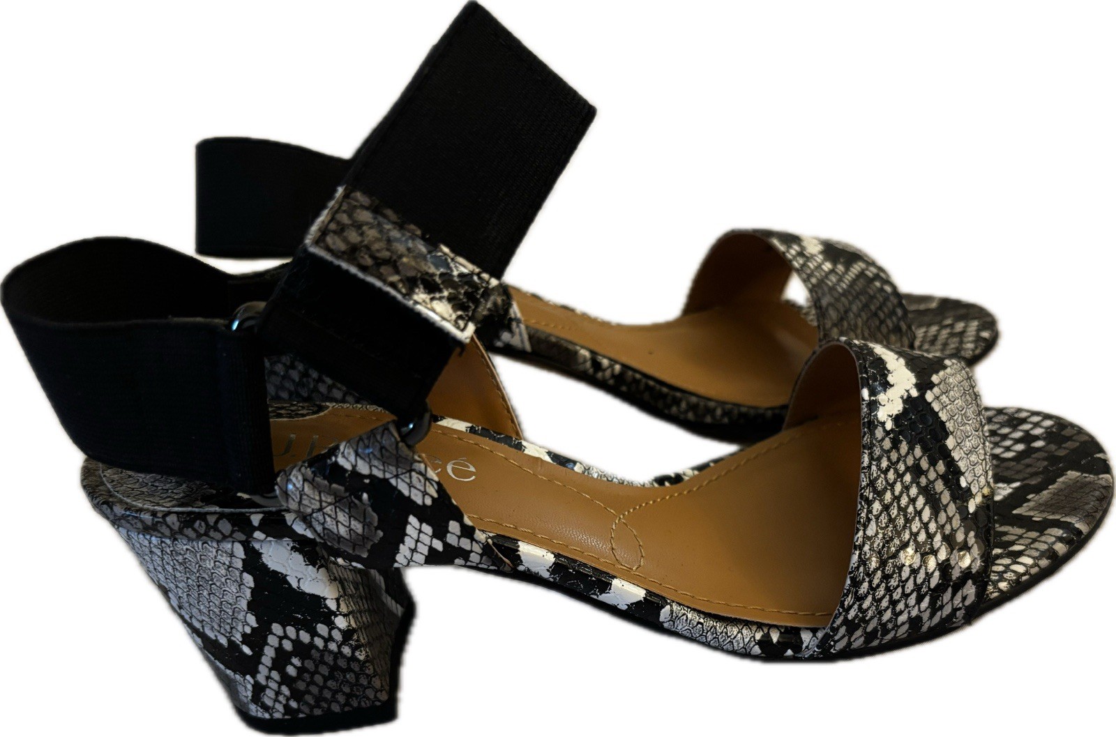 Rare Designer J.Renee Women’s Black/White Snake Print Ankle Strap Open Toe 7.5W