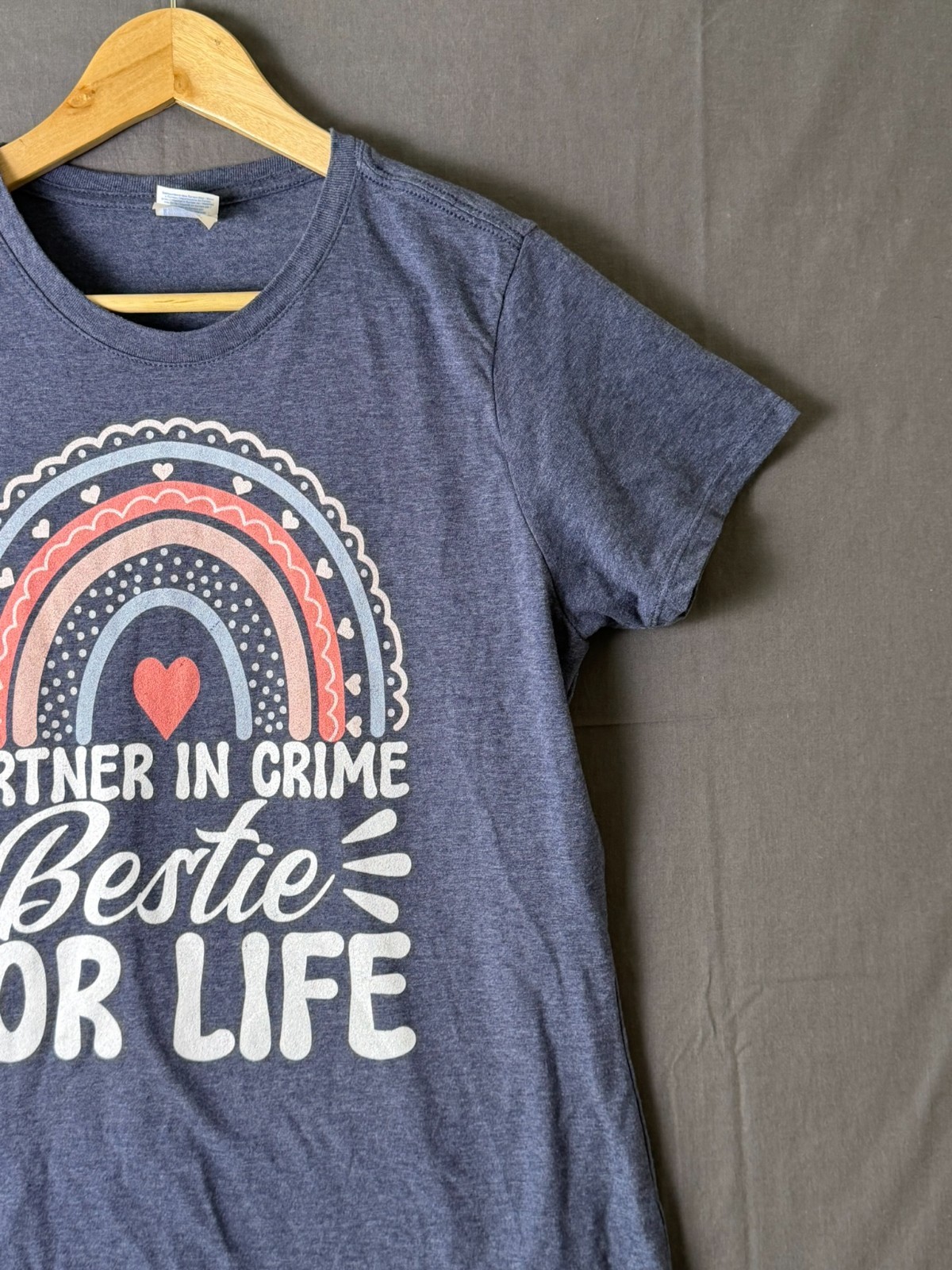 Partner In Crime Bestie For Life Rainbow Heather Navy Blue Short Sleeve L