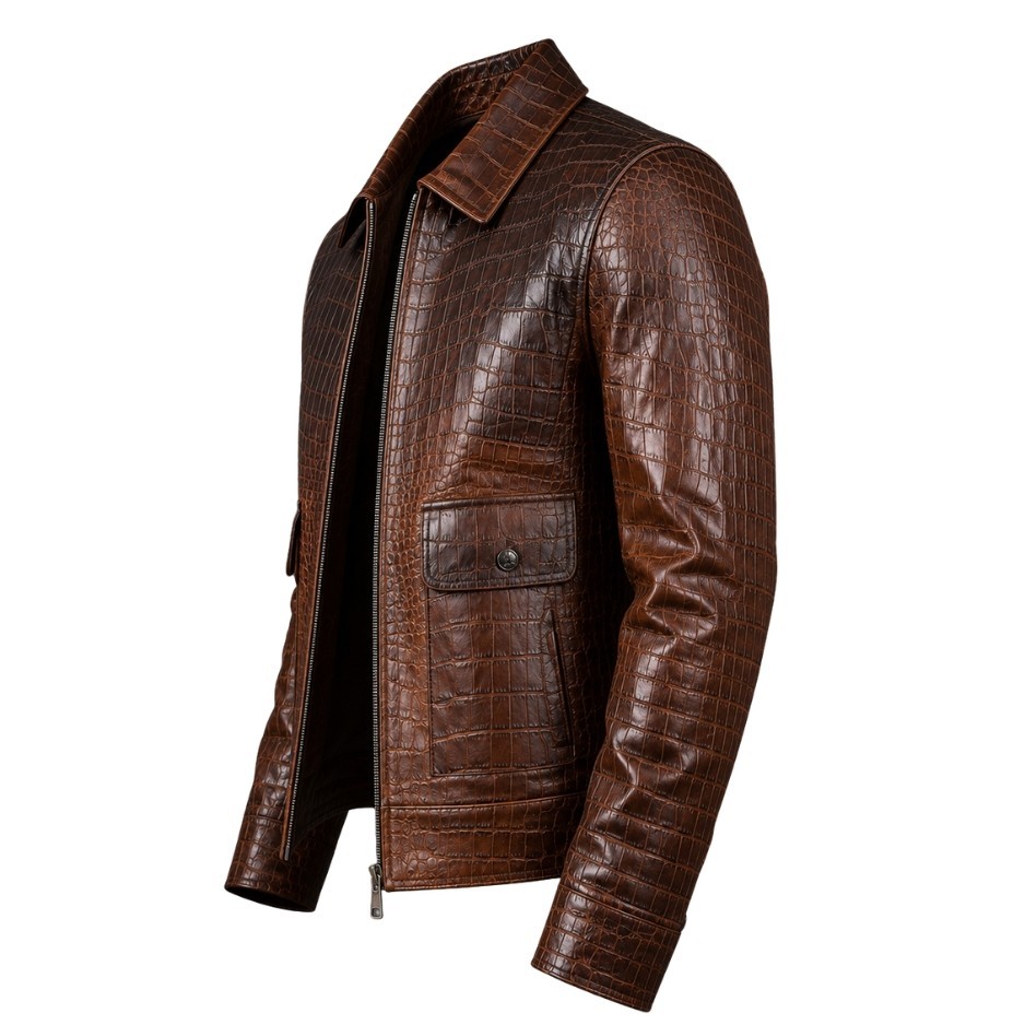 Mens Brown Real Leather Crocodile Pattern Genuine Casual Jacket Alligator Print