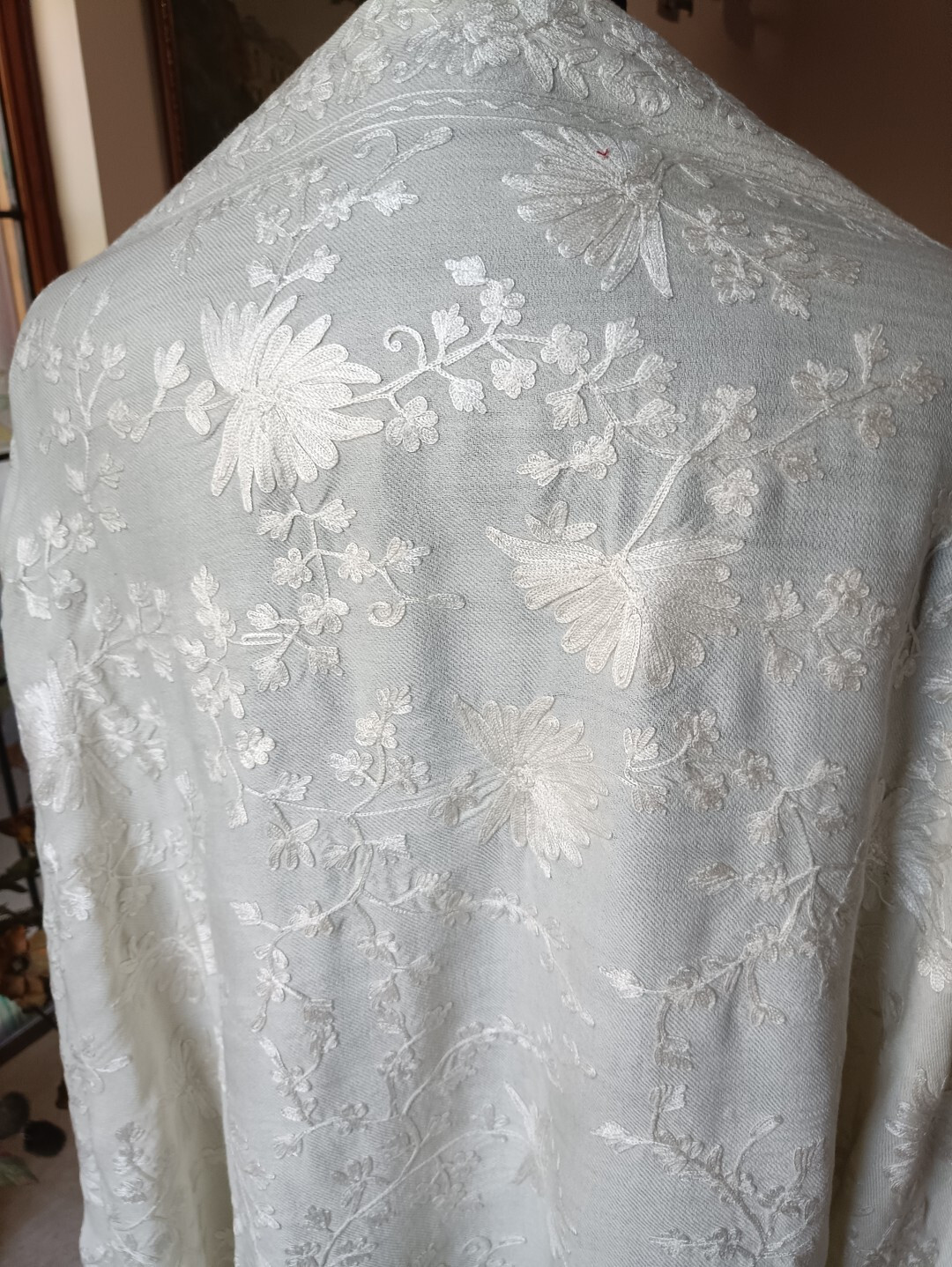 OFF-WHITE WEDDING SHAWL KASHMIR PASHMINA CREWEL EMBROIDERY 100% CASHMERE 38x78in