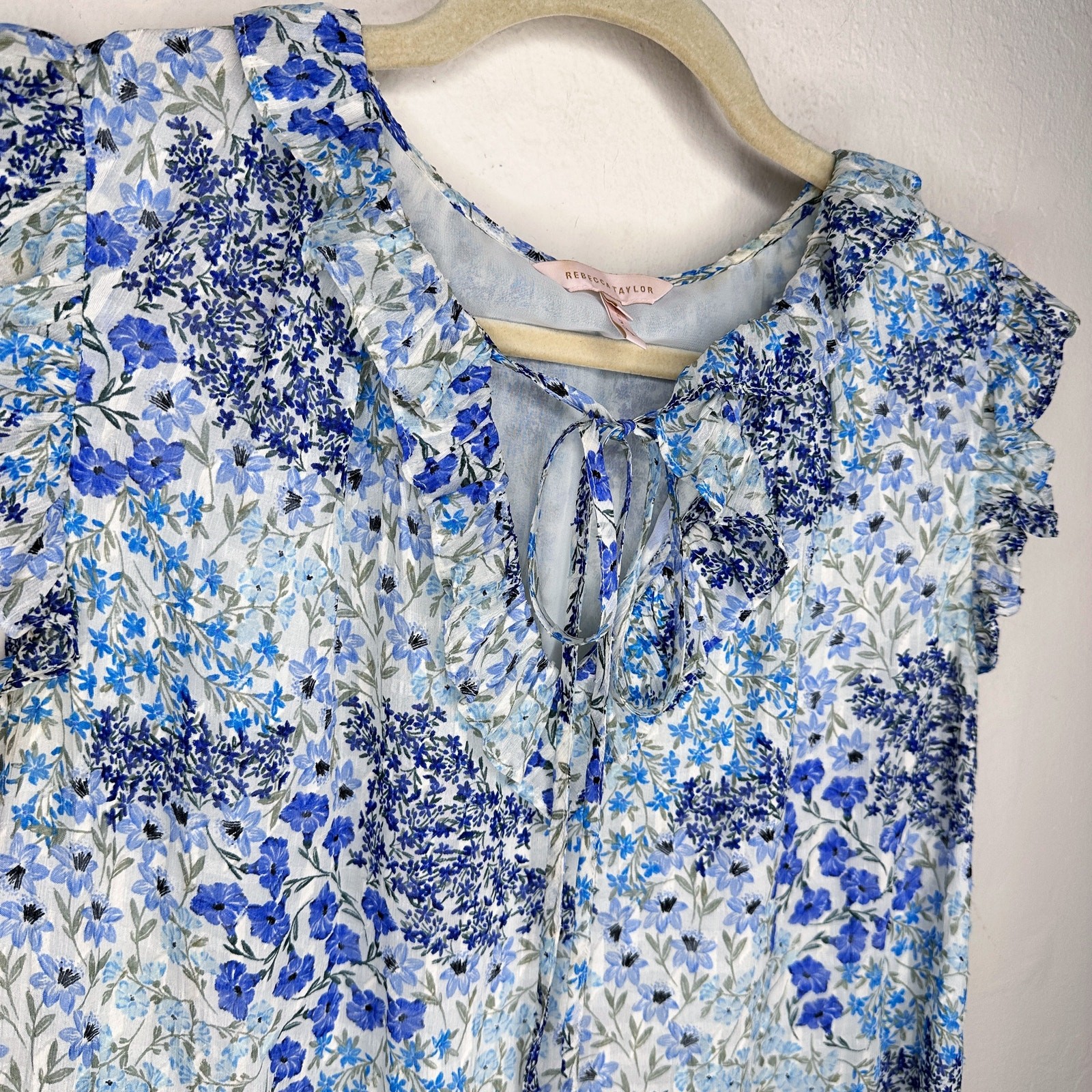 Rebecca Taylor Ava Sleeveless Floral Blue Silk Blend Tie V Neck Blouse Top 8