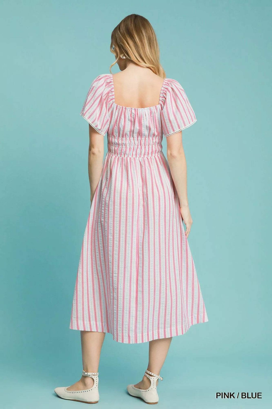 Umgee Cotton Blend Smocked White Pink Stripe Short Sleeve Fit & Flare Midi Dress