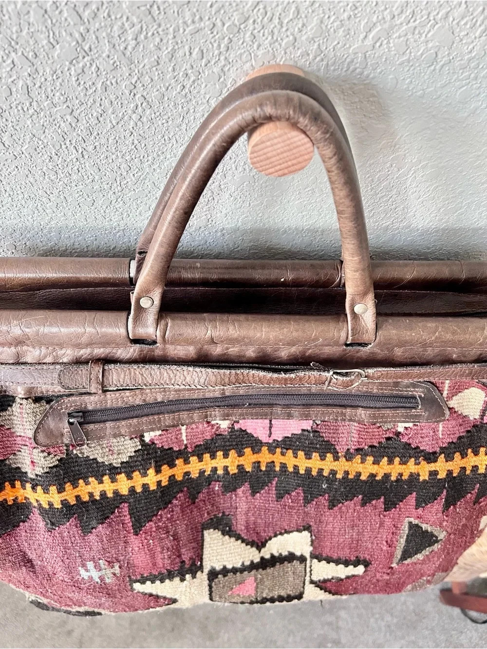Turkish Anatolian Rug Bag with Leather Details Handmade Vintage Aztec Travel