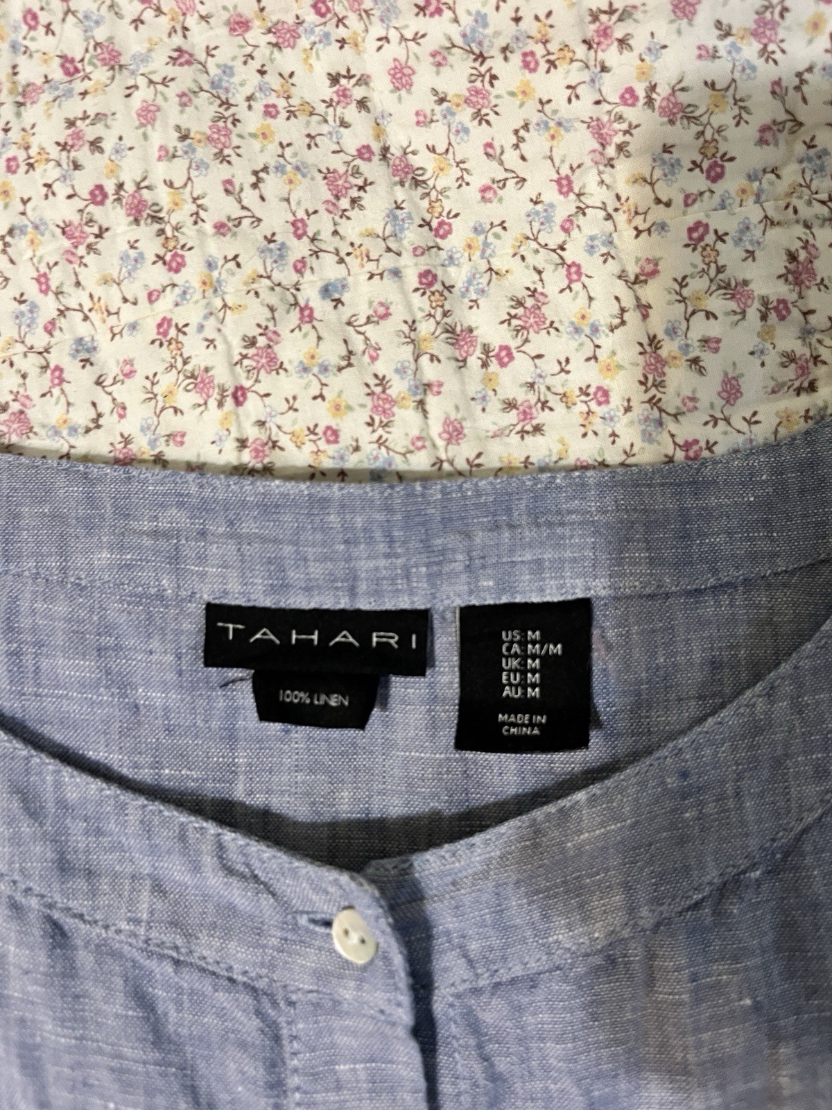 Tahari blue 100% linen button-up short sleeve blouse, relaxed, boxy size M