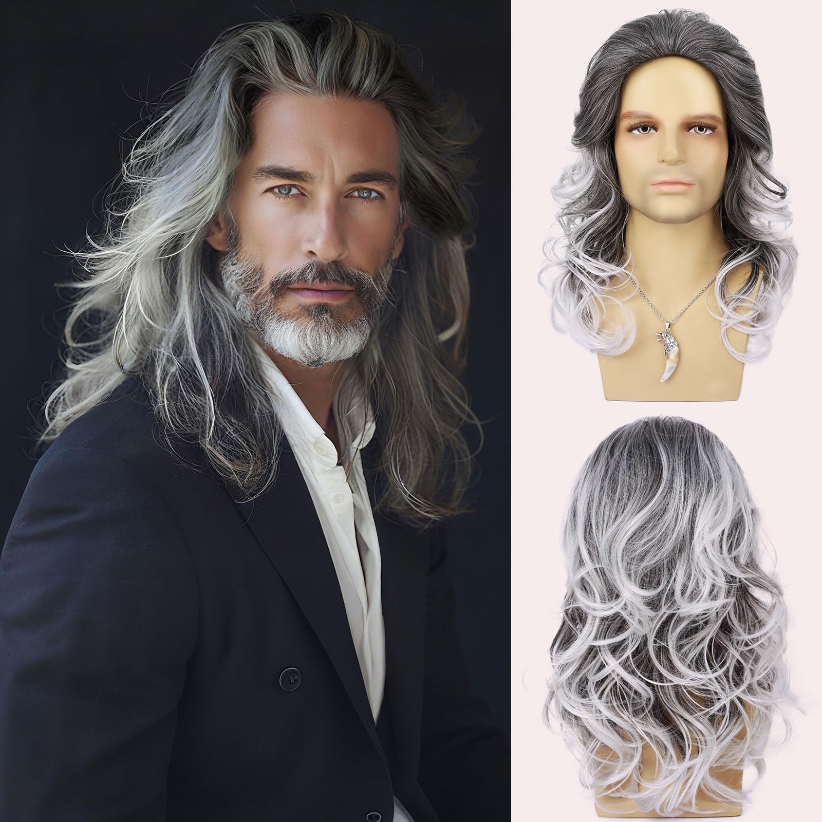 Mens Grey Wig Long Curly Wavy Hair Wigs Natural Look Heat Resistant Synthetic Re