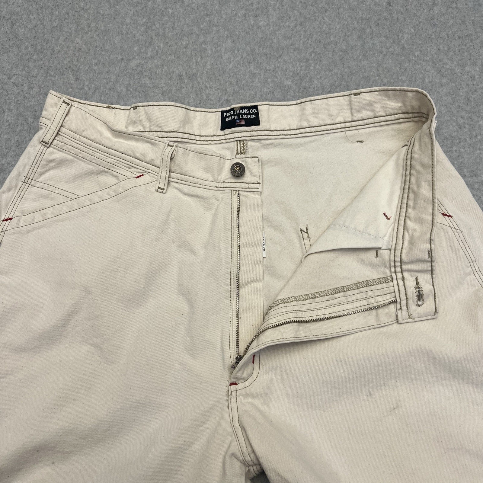 Polo Jeans Shorts Men’s 34 Beige Carpenter Hammer Loop Baggy Wide Leg Flag Logo