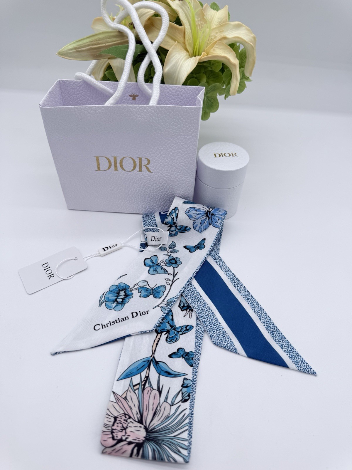 Christian Dior GWP Silk Ribbon Scarf Blue Floral Butterfly Print 41.3″ Gift Box