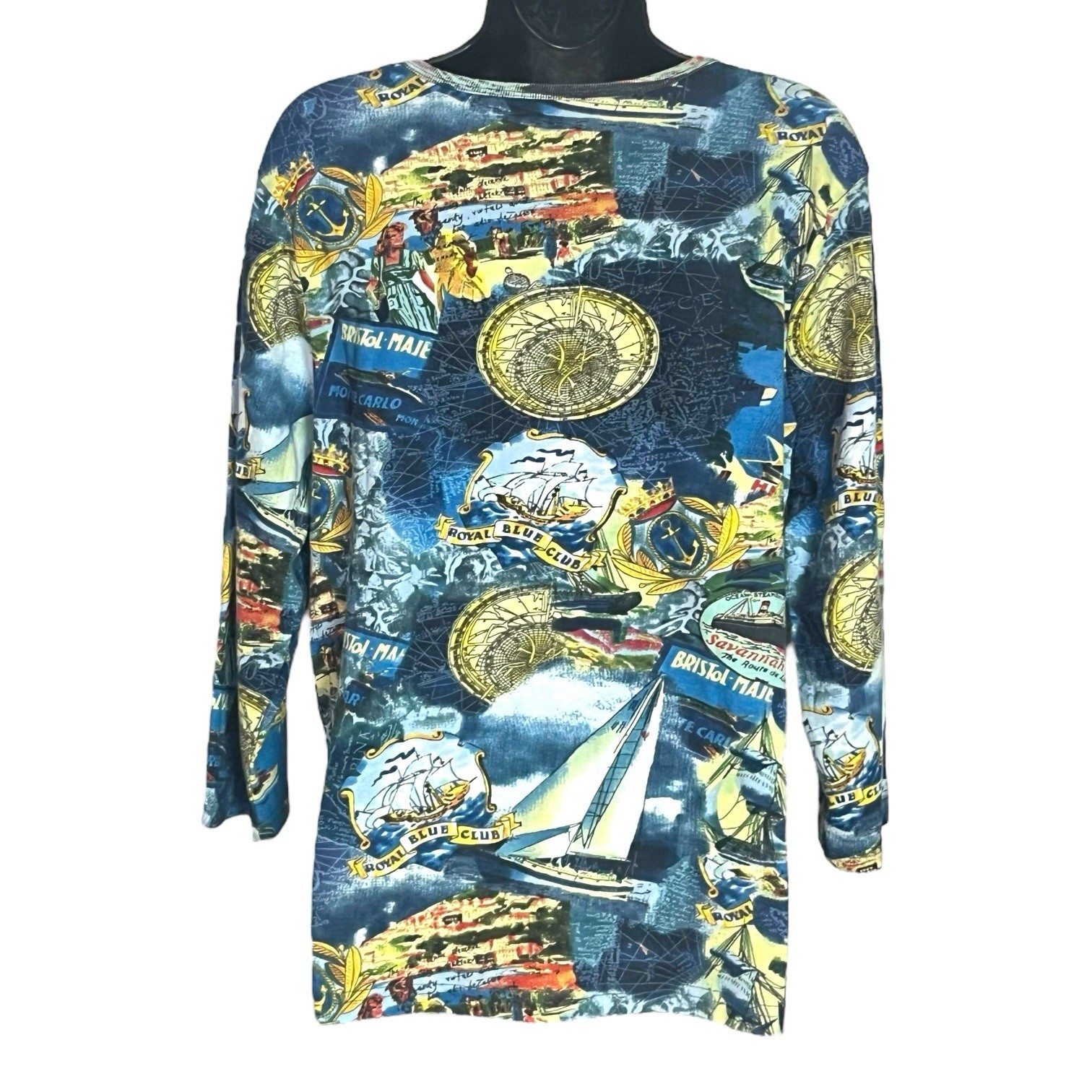VINTAGE RETRO Y2K NAUTICAL TOP T SHIRT LONG SLEEVE ALL OVER SAILING PRINT SIZE L