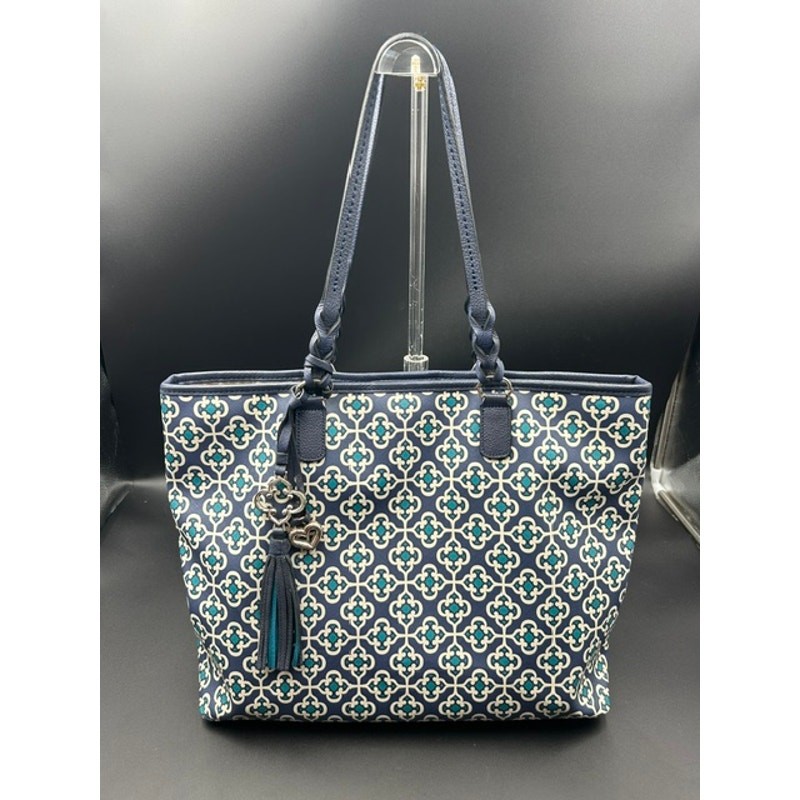 Brighton Araceli Carryall Tote Blue White Geometric Print Tassel Charm Purse