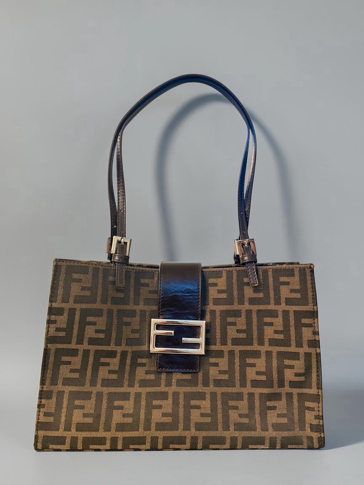 Fendi Zucca FF Monogram Brown Tote Bag Silver Hardware Magnetic Closure Pockets