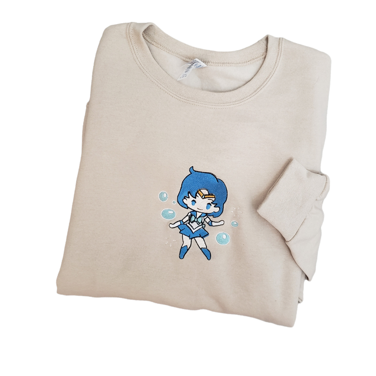 Sailor Mercury Embroidered Crewneck Sweater Beige Size L Kawaii Anime Crystal