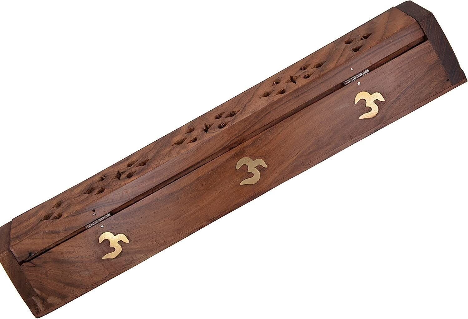 Cavelio ® Rose Wooden Coffin Incense Burner – Jali and Om 12″ – Brass Inlays…