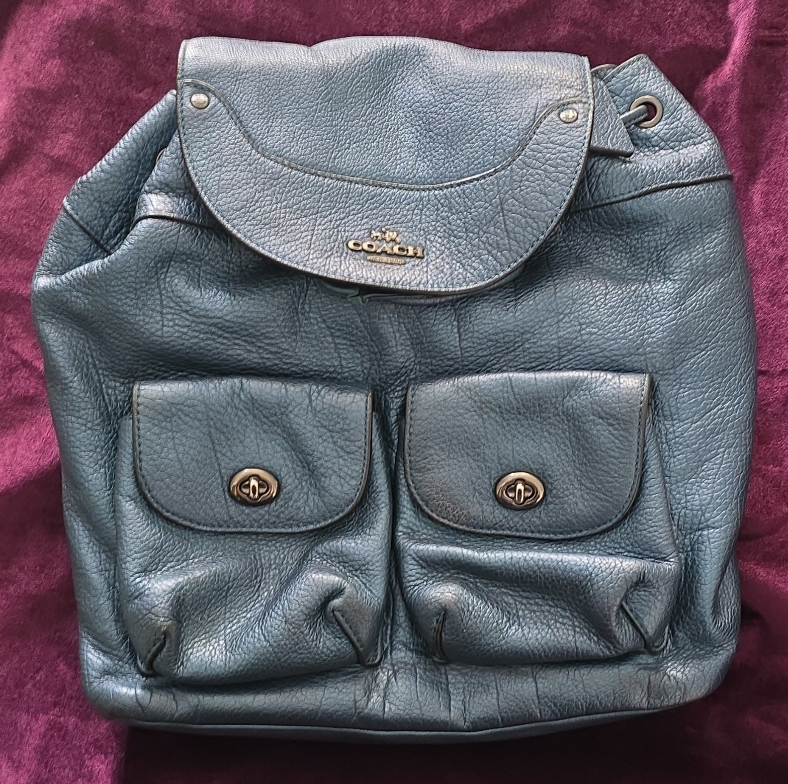 Coach Rare Metallic Blue Pebbled Backpack w/ Turn Lock Outer Pockets