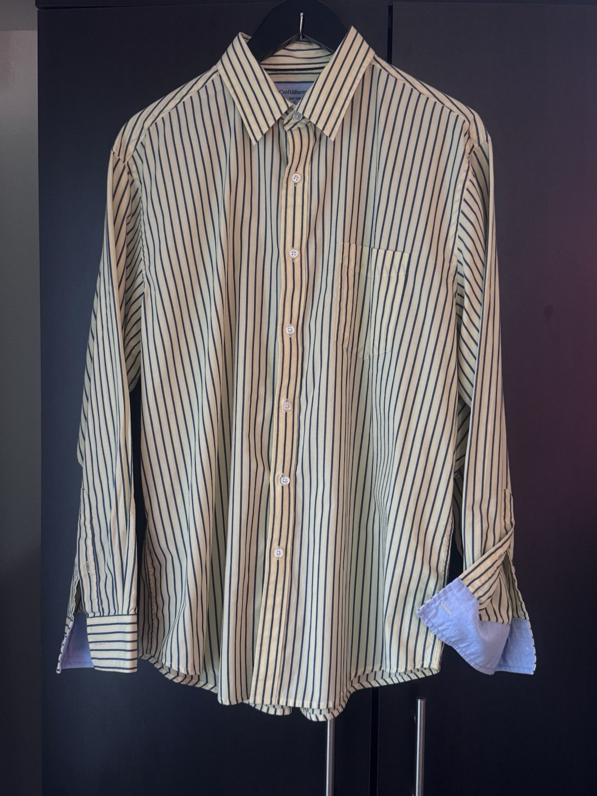 Croft & Barrow Men Dress Shirt L Yellow Blue Stripe Long Sleeve Contrast Cuff