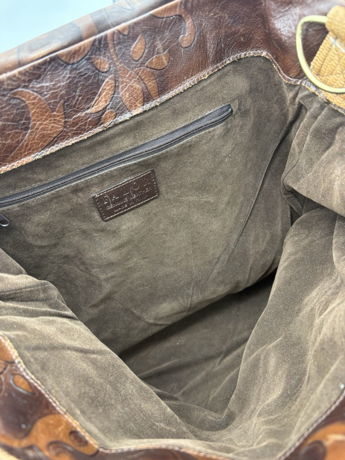 FALOR Italy Tote Bag, Tan Brown Leather Embossed Paisley Large Bag, 16″ x 16″