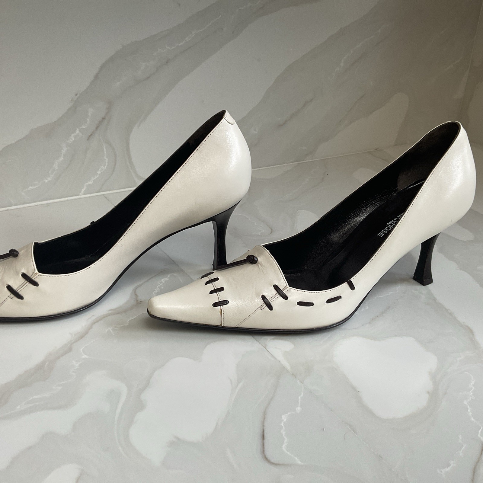 OL’AUTRE CHOSE Italian Ladies Heels Sz37 Detailed Stitch Cream Leather US 7