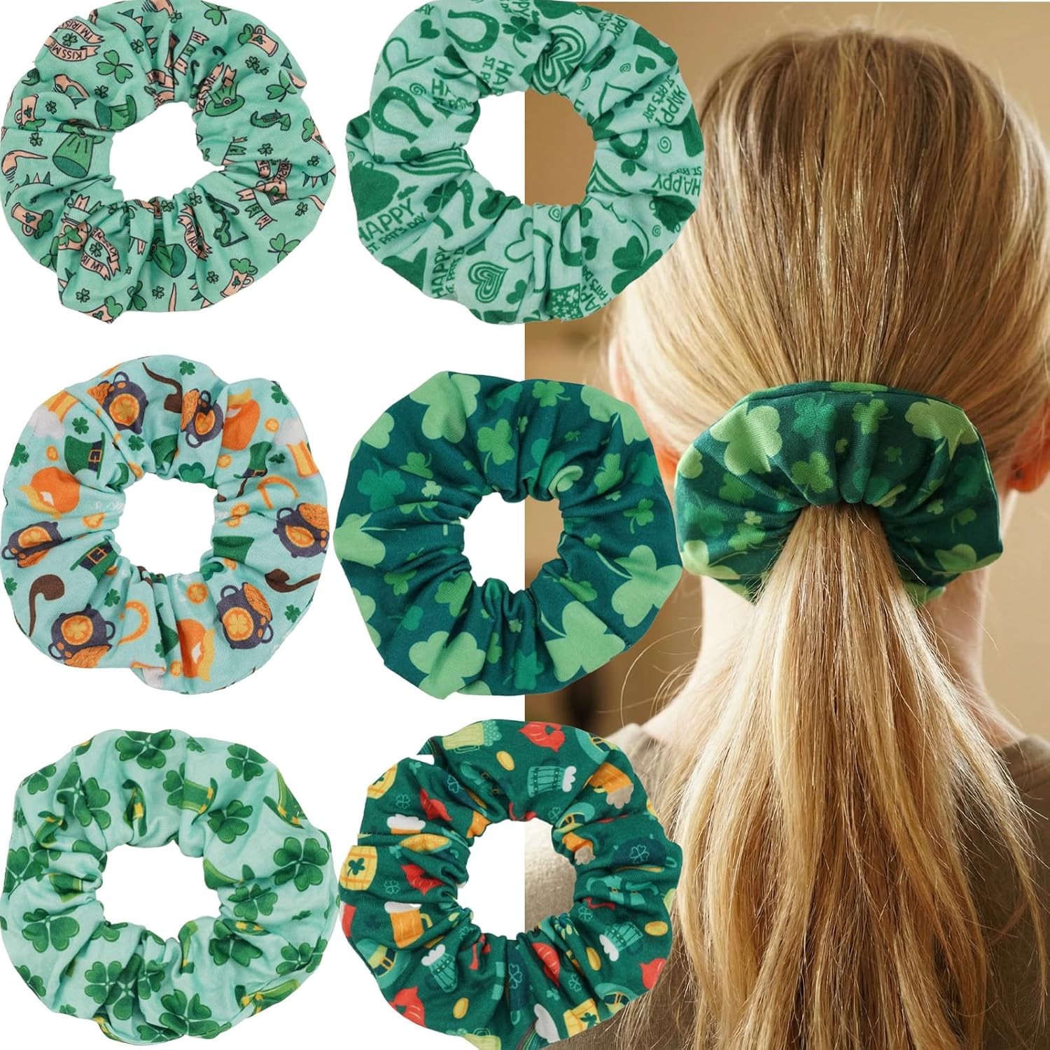 St.Patrick’s Day Scrunchies for Women & Girls, 6-pack Green Elastic Fabric Hair