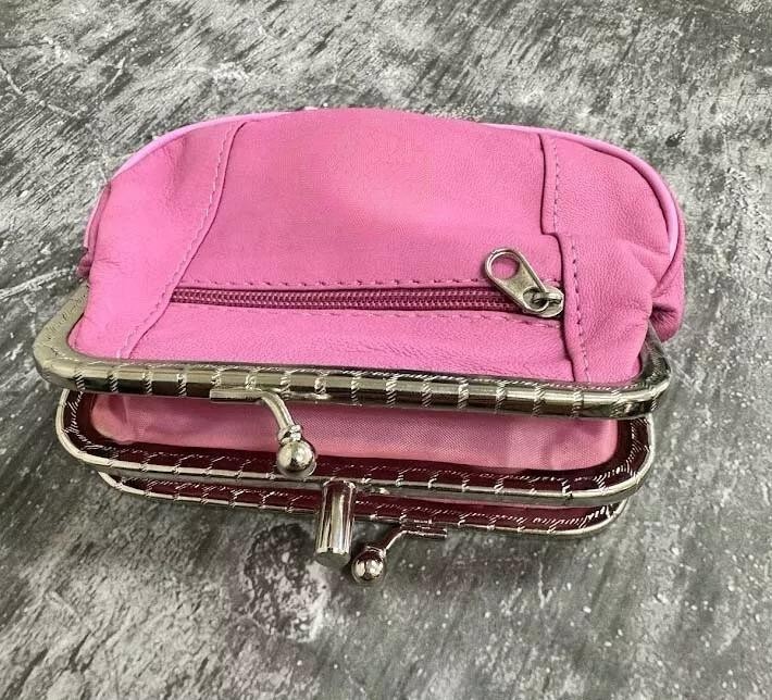 Pink Genuine Leather Woman Coin Purse Double Frame Change Wallet