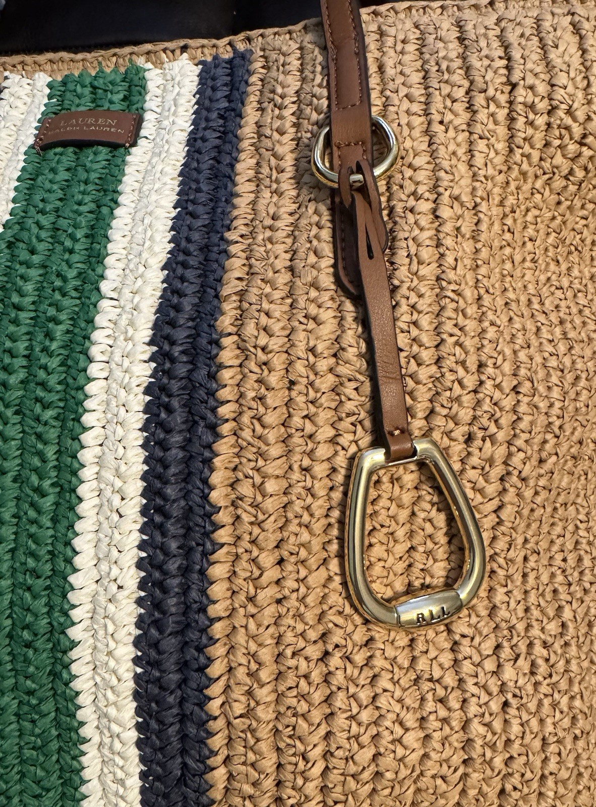 Lauren Ralph Lauren Large Striped Tote Tan/Green/White/Navy Brown Strap Lined