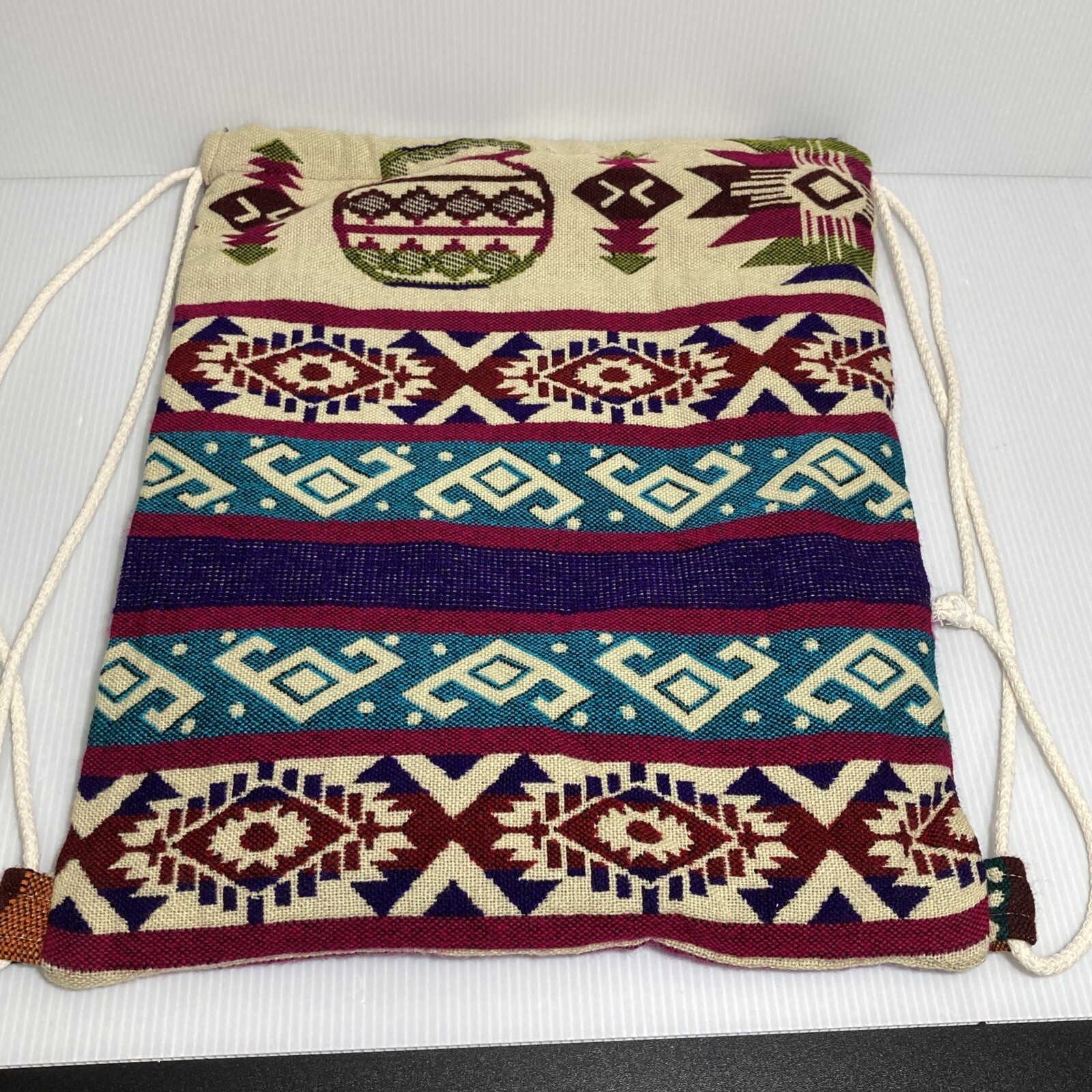 Artesanias Los Andes Drawstring Backpack Bag Ecuador Colorful Native Symbols