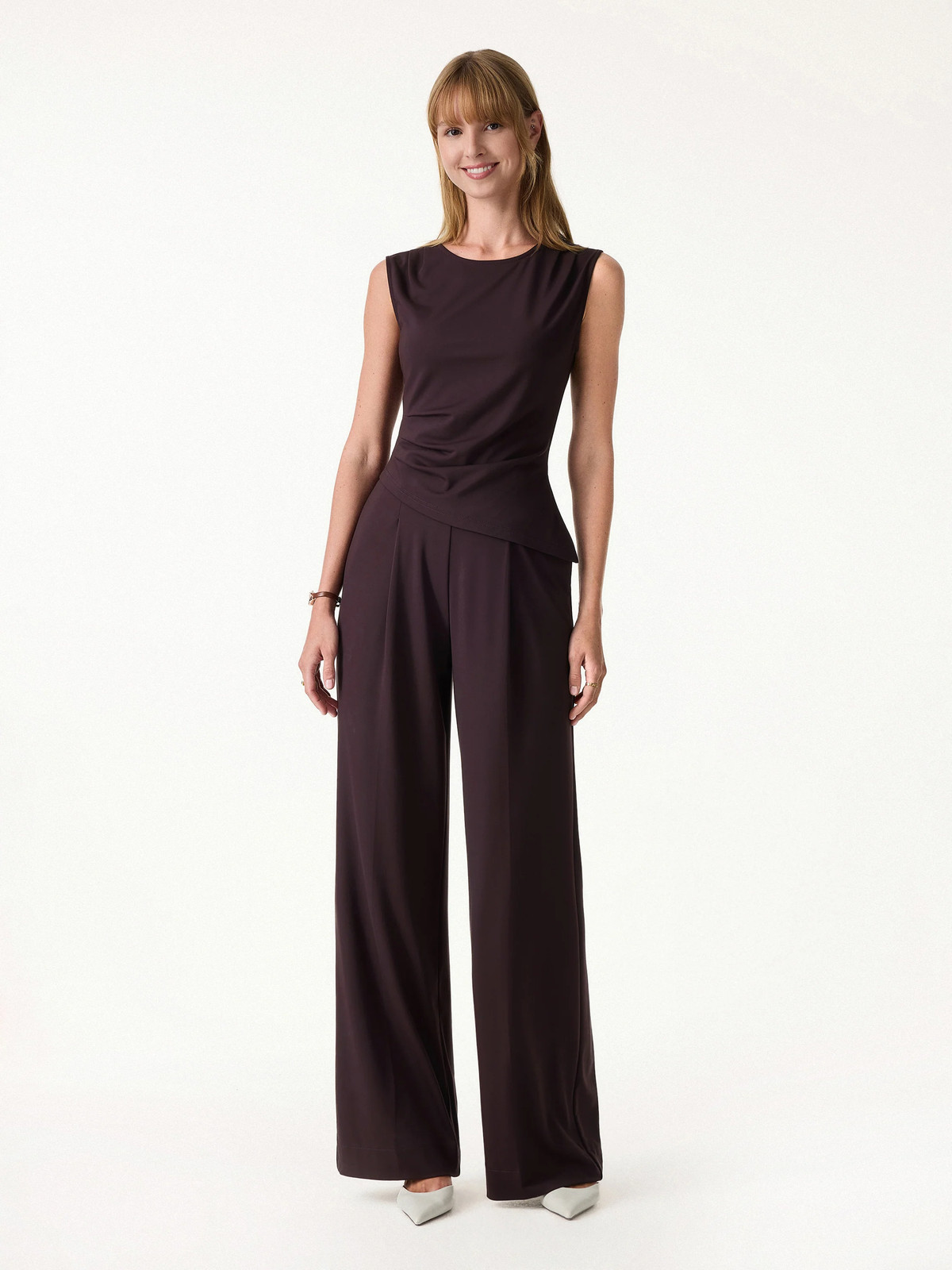 2Pcs Set Tucked Asymmetrical Hem Top & High Rise Wide Leg Pant