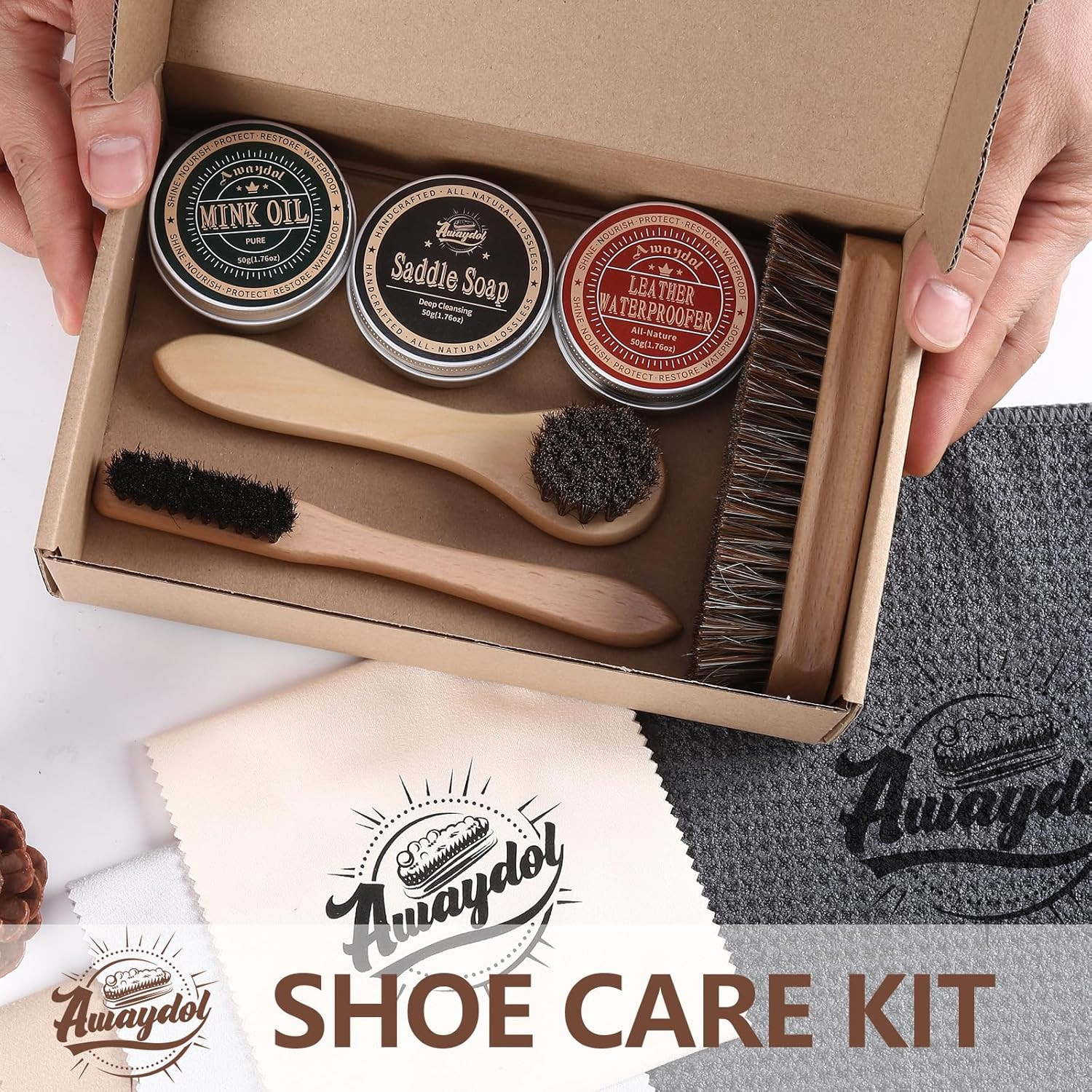 11 PCS Leather Care Kit – Horsehair Brushes,Saddle Soap,Waterproofing Wax,Mink O
