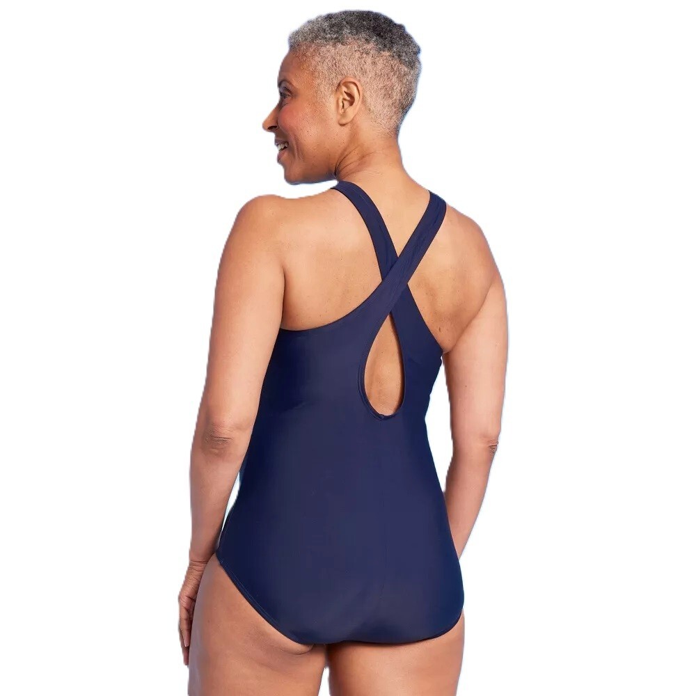 Lands’ End Size Small 6-8 Blue Geo Floral Print High Neck 1 Piece Swimsuit
