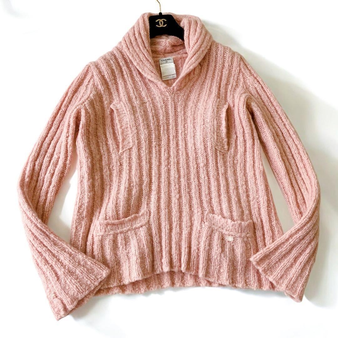 CHANEL Knit Sweater Women’s Pink 04A 38 Wool Mohair Silk CC Logo Long Sleeve