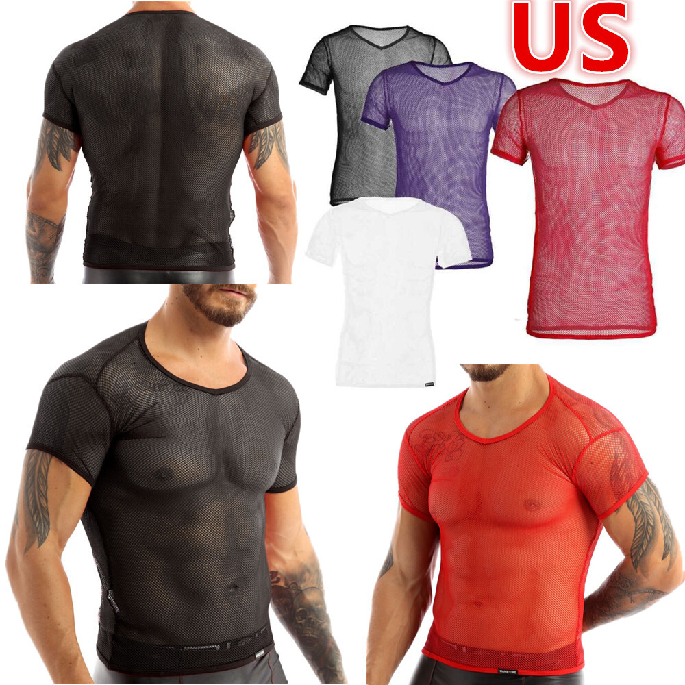 US Men’s Sheer Mesh Fitted Short Sleeve Muscle Tank Tops Hollow Out Undershirt