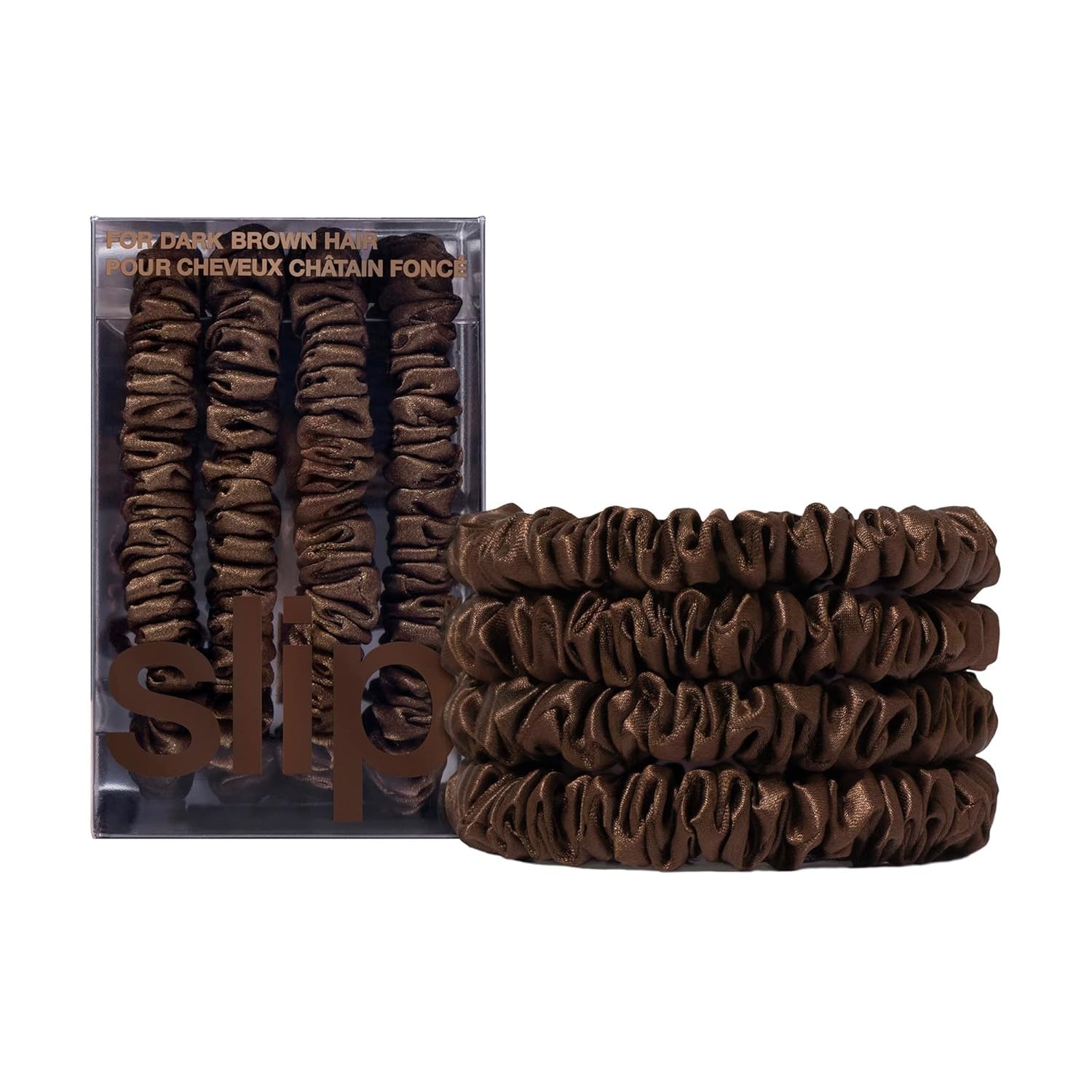 SLIP Set of 4 Slip Silk Skinny Scrunchies Dark Brown 100% Mulberry, Anti-Crease