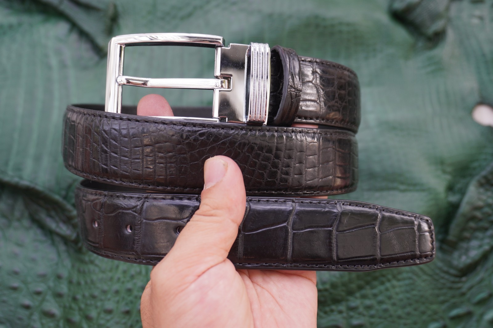 W1.3 inch Black Genuine Crocodile Belly Leather Skin Men’s Belt Plus Buckle #Z15
