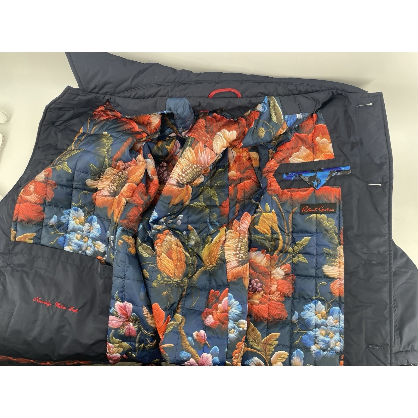 Robert Graham Car Coat Men 2XL Navy Blue Quilted Floral Lining Luxury NWT $275